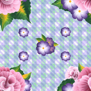 Roses on a Green and Purple Gingham Plaid