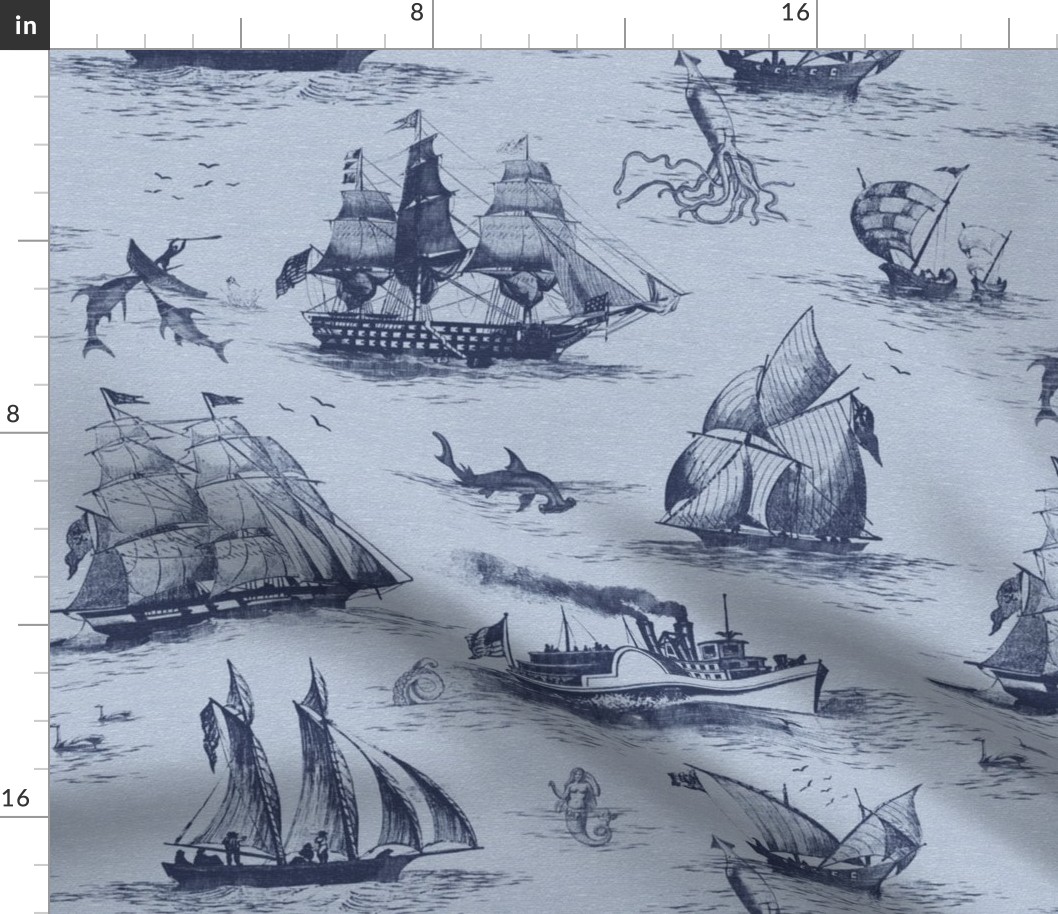 TOILE BATEAUX - DARK BLUE ON LIGHT BLUE WALLPAPER FABRIC TEXTURE