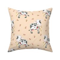 Cute Spotted Cows – Pink Magenta Flowers - Light Apricot