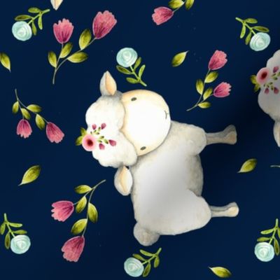 Little Sheep - Pink & Blue Flowers (navy) Large scale, ROTATED