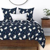 Little Sheep - Pink & Blue Flowers (navy) Large scale, ROTATED