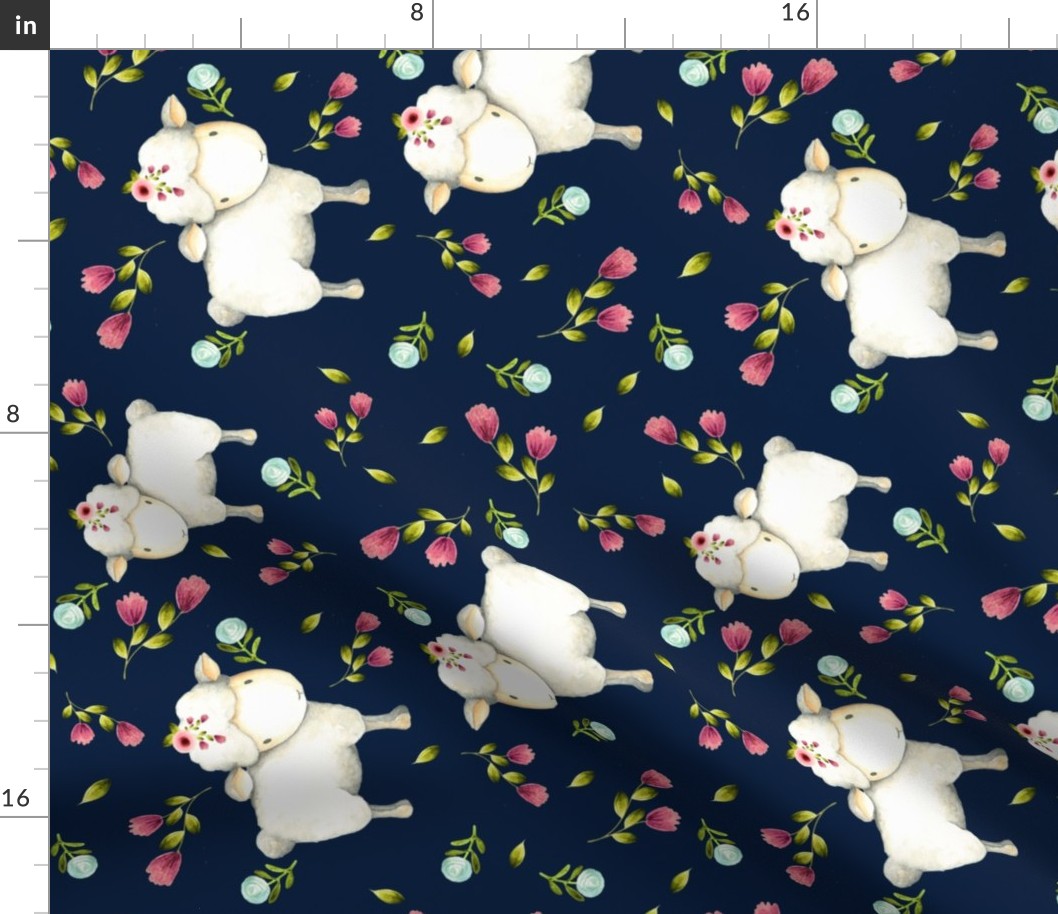 Little Sheep - Pink & Blue Flowers (navy) Large scale, ROTATED