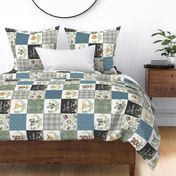 Woodland Animal Tracks Quilt – Cheater Quilt Blanket Fabric (cypress green, fog gray, soldier blue) rustic style A, rotated