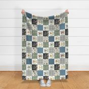 Woodland Animal Tracks Quilt – Cheater Quilt Blanket Fabric (cypress green, fog gray, soldier blue) rustic style A, rotated