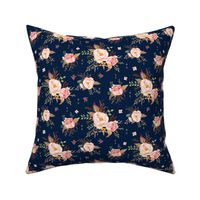 Blush Watercolor Floral (navy) - Peach Pink Cream Flowers- SMALL SCALE