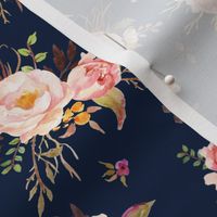Blush Watercolor Floral (navy) - Peach Pink Cream Flowers- SMALL SCALE
