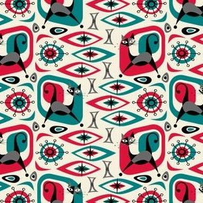 Mid Century Cat Abstract - Red & Teal