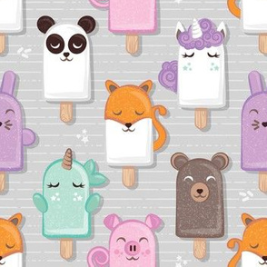 Small scale // Kawaii Cuddly Animal Ice Creams // panda fox pig bunny unicorns bear popsicles on light grey background 