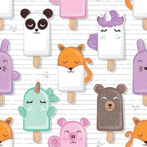 Small scale // Kawaii Cuddly Animal Ice Creams // panda fox pig bunny unicorns bear popsicles on white background 