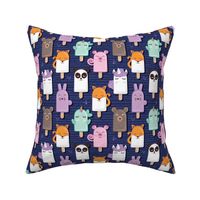 Small scale // Kawaii Cuddly Animal Ice Creams // panda fox pig bunny unicorns bear popsicles on navy blue background 