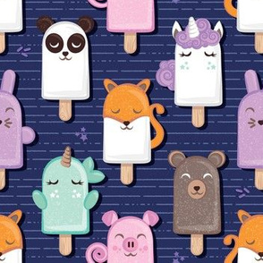 Small scale // Kawaii Cuddly Animal Ice Creams // panda fox pig bunny unicorns bear popsicles on navy blue background 