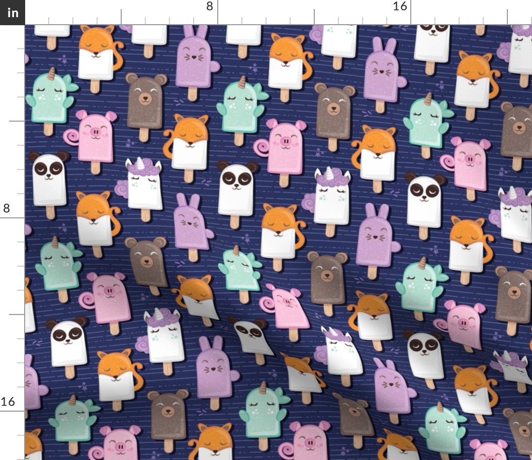 Small scale // Kawaii Cuddly Animal Ice Creams // panda fox pig bunny unicorns bear popsicles on navy blue background 