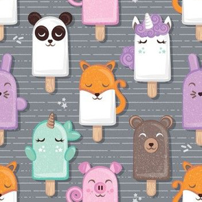 Small scale // Kawaii Cuddly Animal Ice Creams // panda fox pig bunny unicorns bear popsicles on dark grey background 
