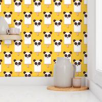 Small scale // Kawaii Cuddly Panda Ice Creams // animal popsicles on yellow background 