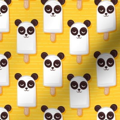 Small scale // Kawaii Cuddly Panda Ice Creams // animal popsicles on yellow background 