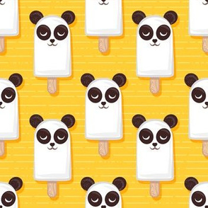 Small scale // Kawaii Cuddly Panda Ice Creams // animal popsicles on yellow background 