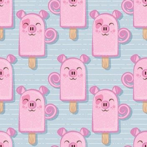 Small scale // Kawaii Cuddly Pig Ice Creams // animal popsicles on pastel blue background 