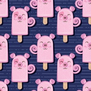 Small scale // Kawaii Cuddly Pig Ice Creams // animal popsicles on navy blue background 