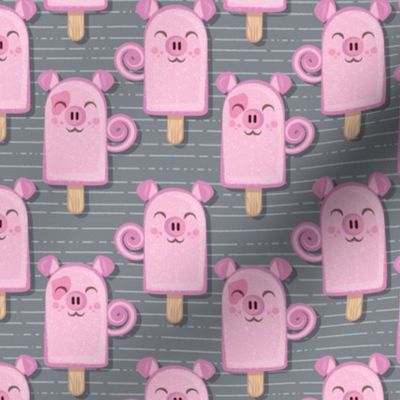 Small scale // Kawaii Cuddly Pig Ice Creams // animal popsicles on dark grey background 