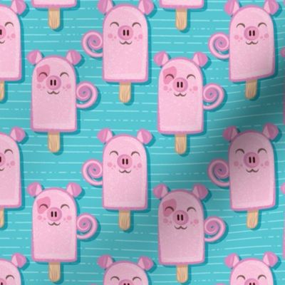 Small scale // Kawaii Cuddly Pig Ice Creams // animal popsicles on blue background 