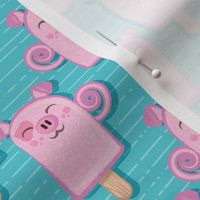 Small scale // Kawaii Cuddly Pig Ice Creams // animal popsicles on blue background 