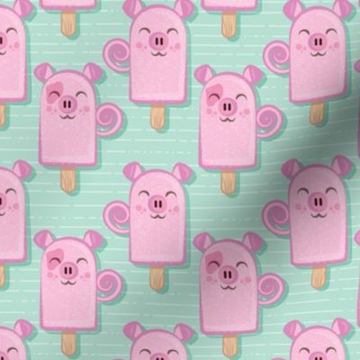 Small scale // Kawaii Cuddly Pig Ice Creams // animal popsicles on aqua background 