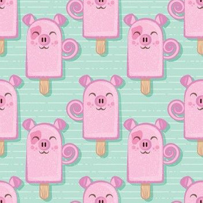 Small scale // Kawaii Cuddly Pig Ice Creams // animal popsicles on aqua background 