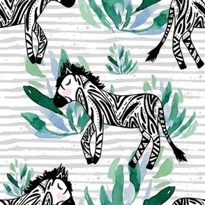 8" Zebras in the Wild with Plants Grey Stripes
