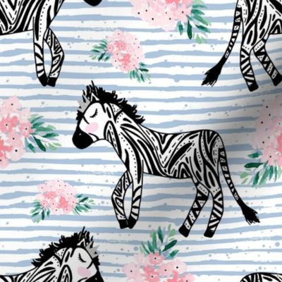 8" Zebras with Crown and Flowers Blue Stripes