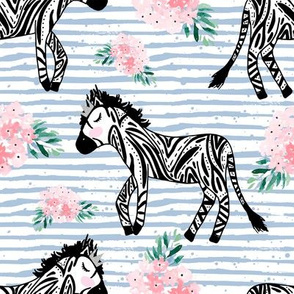 8" Zebras with Crown and Flowers Blue Stripes