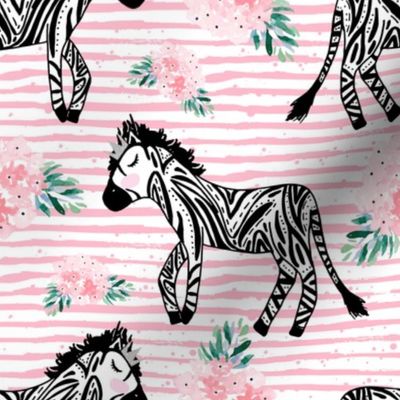 8" Zebras with Crown and Flowers Pink Stripes