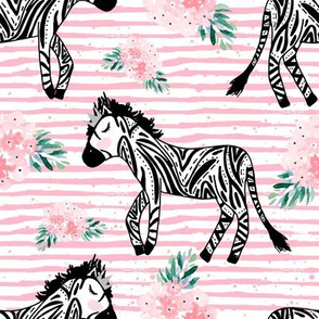 8" Zebras with Crown and Flowers Pink Stripes