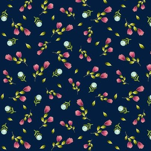Country Floral (navy) Pink & Blue Flowers, half-scale