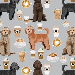 golden doodles coffee fabric - doodle dog fabric, doodle, coffee fabric, doodle dog, - grey