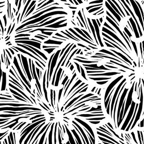 all over tropical florals in black and white