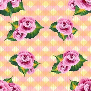 Roses on Pink and Yellow Gingham