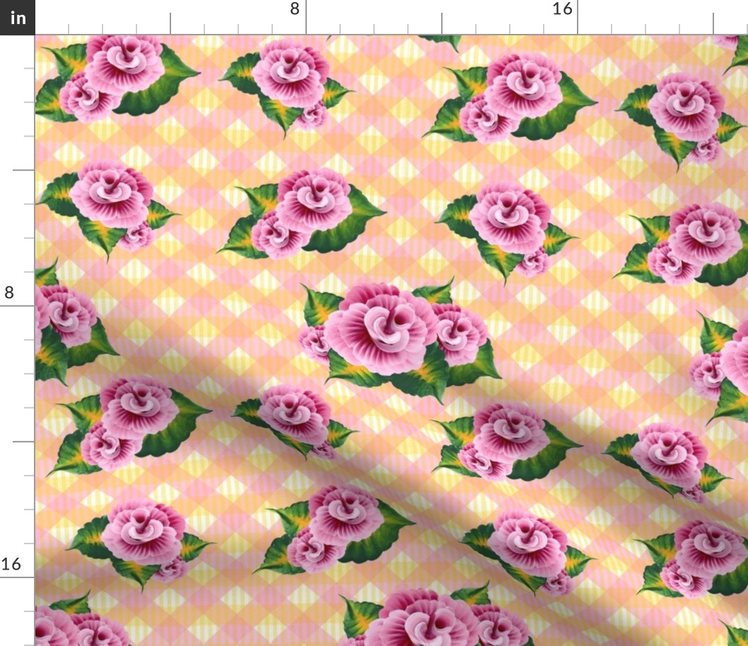 Roses on Pink and Yellow Gingham