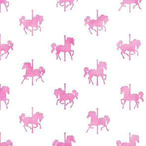 Carousel Horses Pattern Pink Watercolor on White