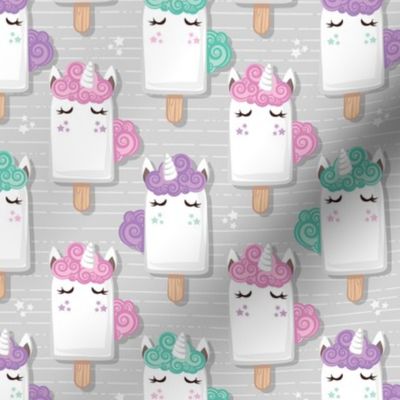 Small scale // Kawaii Cuddly Unicorn Ice Creams // animal popsicles on light grey background 