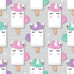 Small scale // Kawaii Cuddly Unicorn Ice Creams // animal popsicles on light grey background 