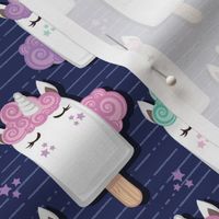 Small scale // Kawaii Cuddly Unicorn Ice Creams // animal popsicles on navy blue background 
