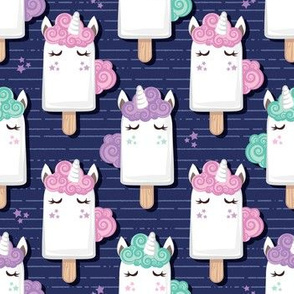 Small scale // Kawaii Cuddly Unicorn Ice Creams // animal popsicles on navy blue background 