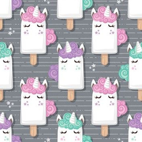 Small scale // Kawaii Cuddly Unicorn Ice Creams // animal popsicles on dark grey background 