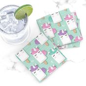 Small scale // Kawaii Cuddly Unicorn Ice Creams // animal popsicles on aqua background 