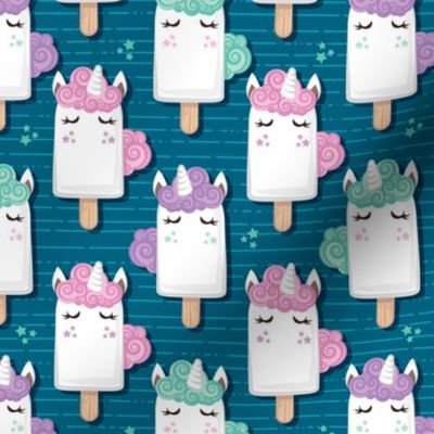 Small scale // Kawaii Cuddly Unicorn Ice Creams // animal popsicles on turquoise background