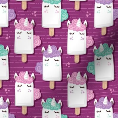 Small scale // Kawaii Cuddly Unicorn Ice Creams // animal popsicles on dark pink background