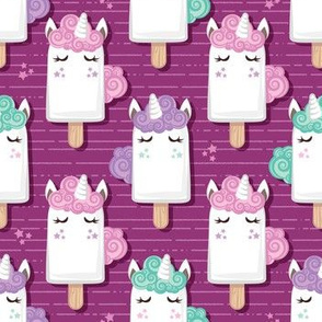 Small scale // Kawaii Cuddly Unicorn Ice Creams // animal popsicles on dark pink background