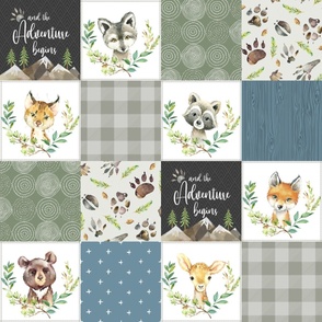 Woodland Animal Tracks Quilt – Cheater Quilt Blanket Fabric (cypress green, fog gray, soldier blue) rustic style A