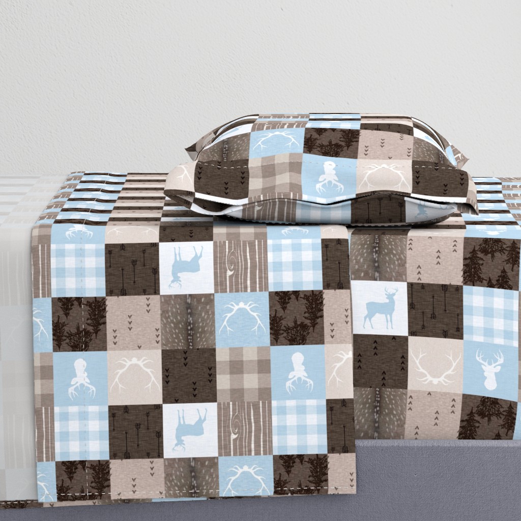 3” rustic woodland quilt - baby blue and brown - rotated