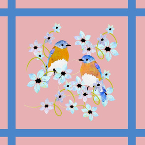  Bluebirds , bluebird and flowers on pink , pillow, wall hanging